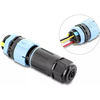 Delock Conector de cable con cierre de bayoneta de 3 polos conector macho a conector hembra con carcasa para montaje en panel, IP68 impermeable para diámetro de cable 5 - 9 mm, incl. junta para 9 - 12 mm, sin herramientas negro (87250)