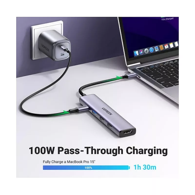 UGREEN CM478 Hub USB-C 5 en 1 100W PD 1x HDMI 1x USB-C PD IN 2x USB-A 2.0 1x USB-A 3.0