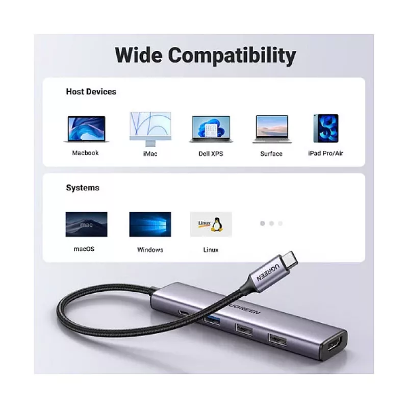 UGREEN CM478 Hub USB-C 5 en 1 100W PD 1x HDMI 1x USB-C PD IN 2x USB-A 2.0 1x USB-A 3.0