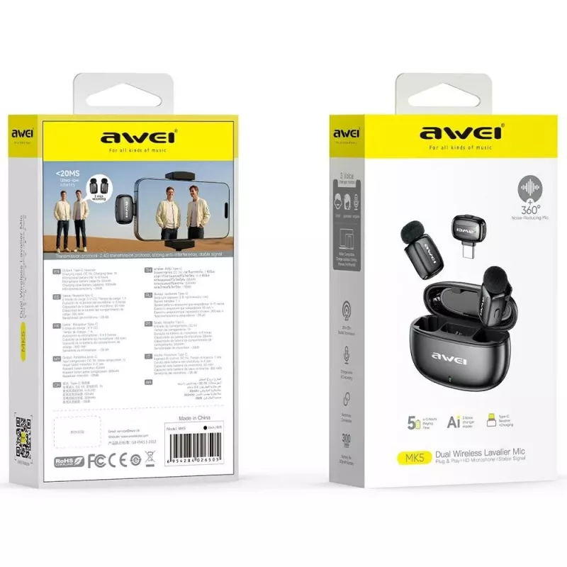 AWEI MK5 Duo Ai-Voice Black Micrófono lavalier inalámbrico