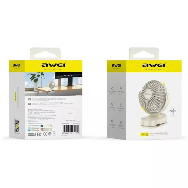 AWEI F45 mini ventilador de mesa con clip, 1200mAh, blanco