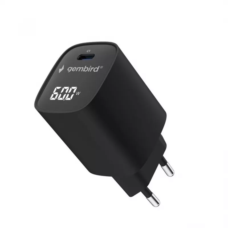 Gembird TA-UC-1C-PD60LCD-01-BK cargador rápido USB Type-C de 60W con pantalla LCD, negro