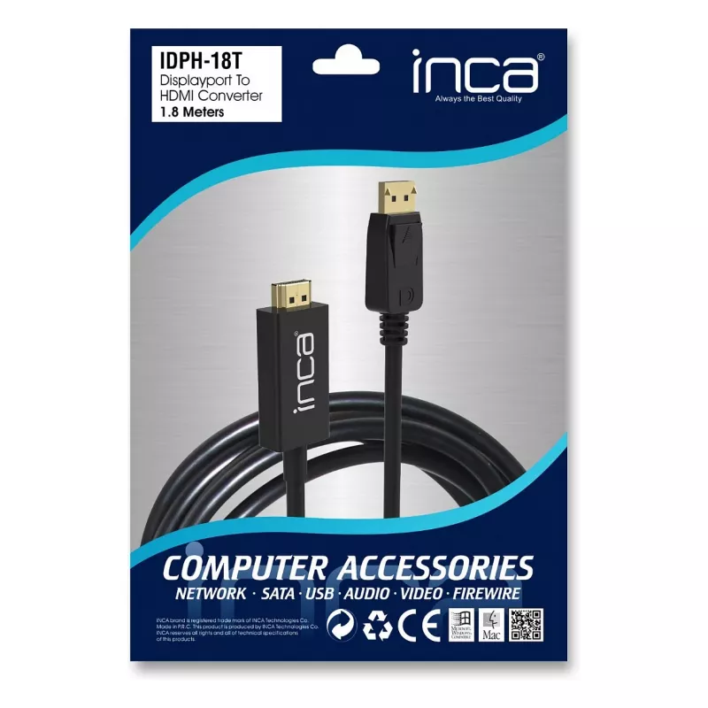 INCA cable DisplayPort a HDMI 1,8 m 10,2 Gbit/s negro