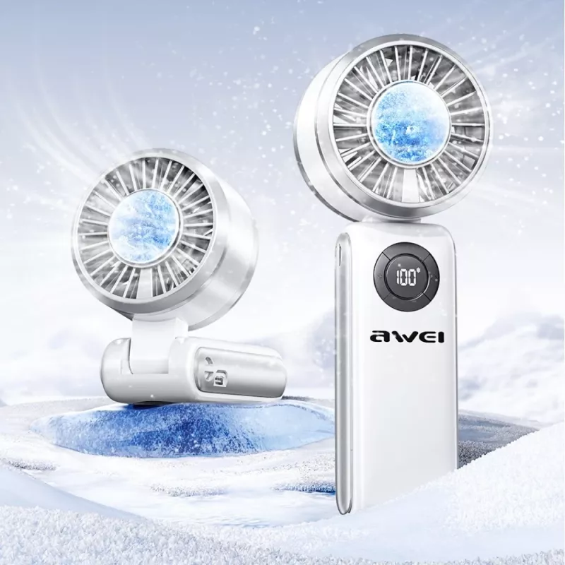 AWEI F39 Fast Ice Mini Ventilador de mano, Blanco hielo, 3600mAh, Refrigeración turbo, 5 niveles, USB-C
