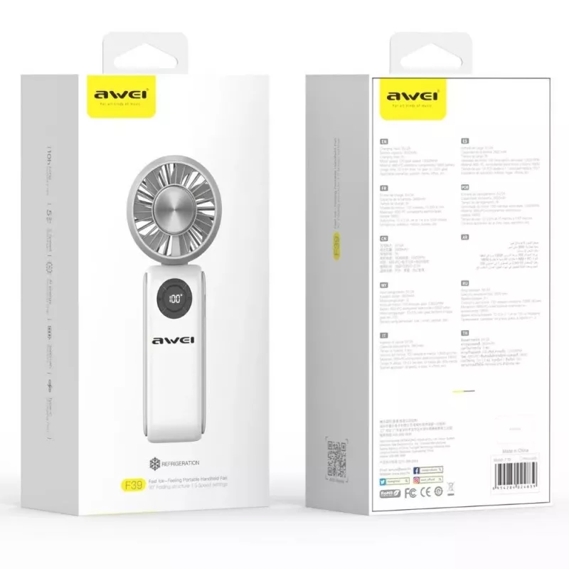 AWEI F39 Fast Ice Mini Ventilador de mano, Blanco hielo, 3600mAh, Refrigeración turbo, 5 niveles, USB-C