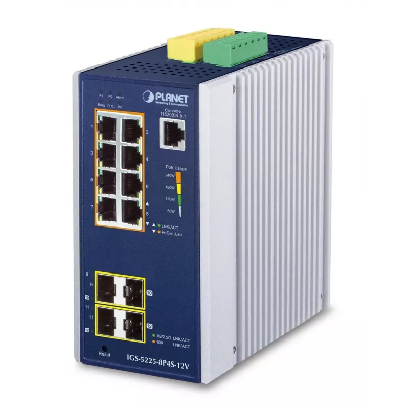 PLANET switch industrial Gigabit Ethernet 8 puertos GE PoE+ 2x 1G SFP + 2x 2.5G SFP Managed L2+, aluminio, azul