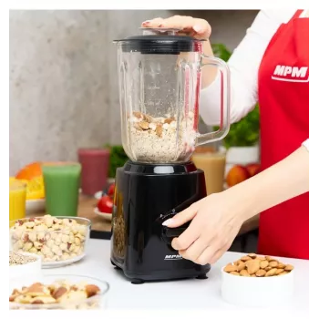 MPM MBL-37 Batidora, 500 W, Vaso de Cristal 1,5 L, Cuchilla de Acero Inoxidable, 2 Velocidades, Función Pulse, Tritura Hielo, Negro