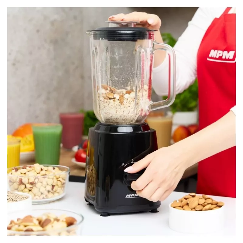 MPM MBL-37 Batidora, 500 W, Vaso de Cristal 1,5 L, Cuchilla de Acero Inoxidable, 2 Velocidades, Función Pulse, Tritura Hielo, Negro
