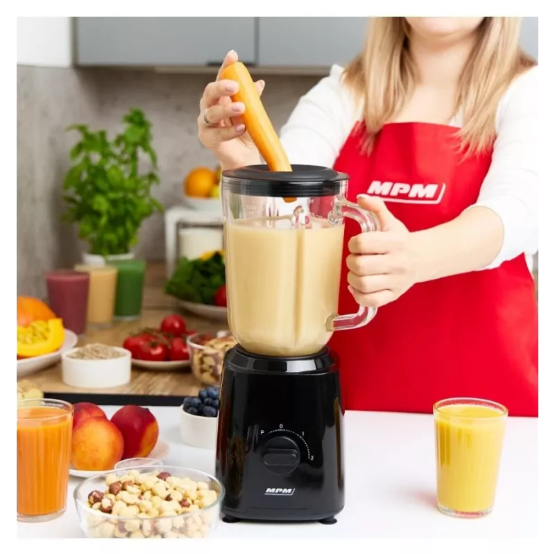 MPM MBL-37 Batidora, 500 W, Vaso de Cristal 1,5 L, Cuchilla de Acero Inoxidable, 2 Velocidades, Función Pulse, Tritura Hielo, Negro