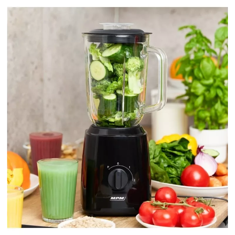 MPM MBL-37 Batidora, 500 W, Vaso de Cristal 1,5 L, Cuchilla de Acero Inoxidable, 2 Velocidades, Función Pulse, Tritura Hielo, Negro