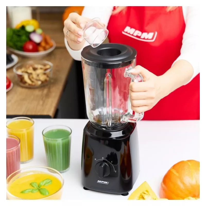 MPM MBL-37 Batidora, 500 W, Vaso de Cristal 1,5 L, Cuchilla de Acero Inoxidable, 2 Velocidades, Función Pulse, Tritura Hielo, Negro