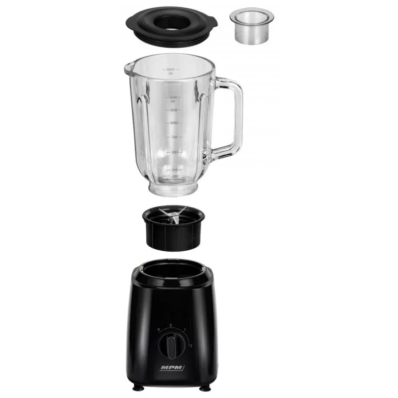 MPM MBL-37 Batidora, 500 W, Vaso de Cristal 1,5 L, Cuchilla de Acero Inoxidable, 2 Velocidades, Función Pulse, Tritura Hielo, Negro