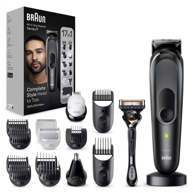Braun MGK7491 Kit de arreglo personal 17 en 1 Multi-Grooming Style, Negro/Plata, inalámbrico, Li-Ion, 100 min de autonomía