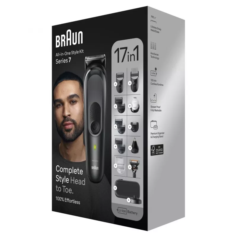 Braun MGK7491 Kit de arreglo personal 17 en 1 Multi-Grooming Style, Negro/Plata, inalámbrico, Li-Ion, 100 min de autonomía
