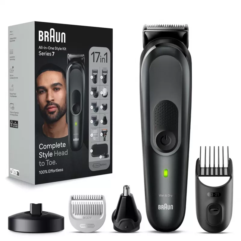 Braun MGK7491 Kit de arreglo personal 17 en 1 Multi-Grooming Style, Negro/Plata, inalámbrico, Li-Ion, 100 min de autonomía