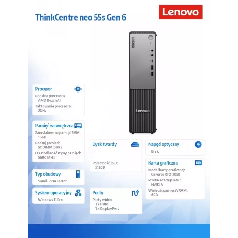 Lenovo ThinkCentre Neo 55s Gen 6 Small Form Factor PC de sobremesa, AMD Ryzen AI 5 330, 16GB DDR5, 512GB SSD, NVIDIA GeForce RTX 3050 6GB, Windows 11 Pro, Raven Black