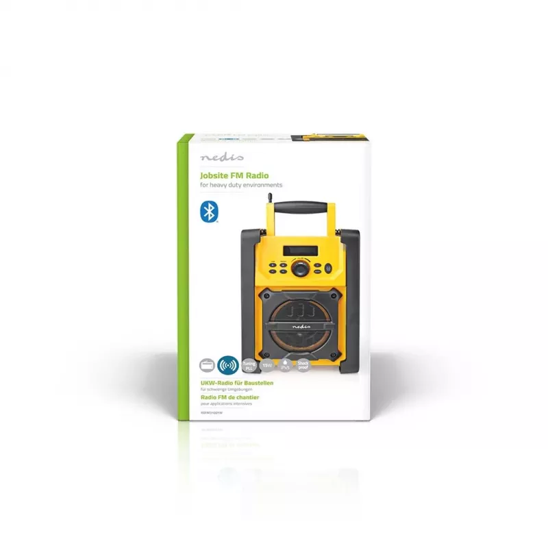 Nedis FM Radio RDFM3100YW - Radio FM portátil con Bluetooth y AUX, IPX5, amarillo