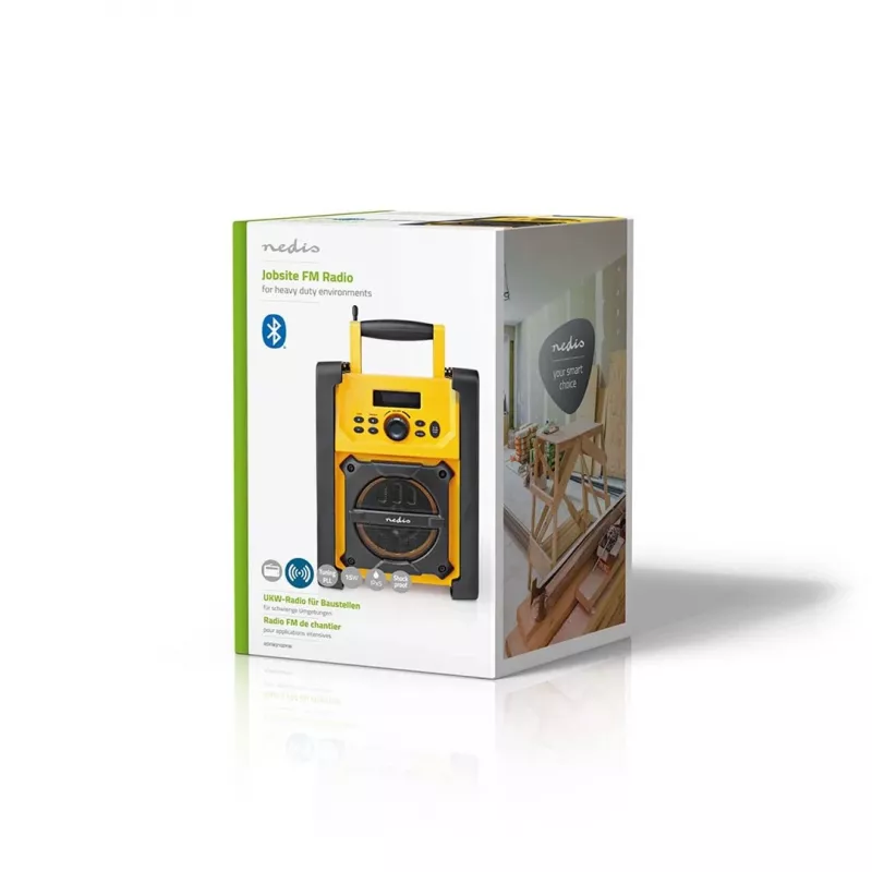 Nedis FM Radio RDFM3100YW - Radio FM portátil con Bluetooth y AUX, IPX5, amarillo