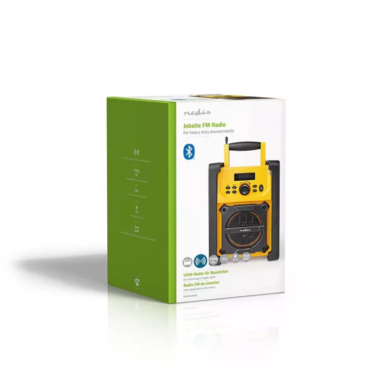 Nedis FM Radio RDFM3100YW - Radio FM portátil con Bluetooth y AUX, IPX5, amarillo