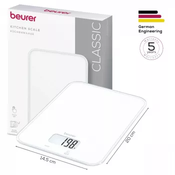 Beurer KS 19 Pure White Báscula de cocina digital con teclas táctiles, capacidad 5 kg, división 1 g, función tara, pantalla LCD