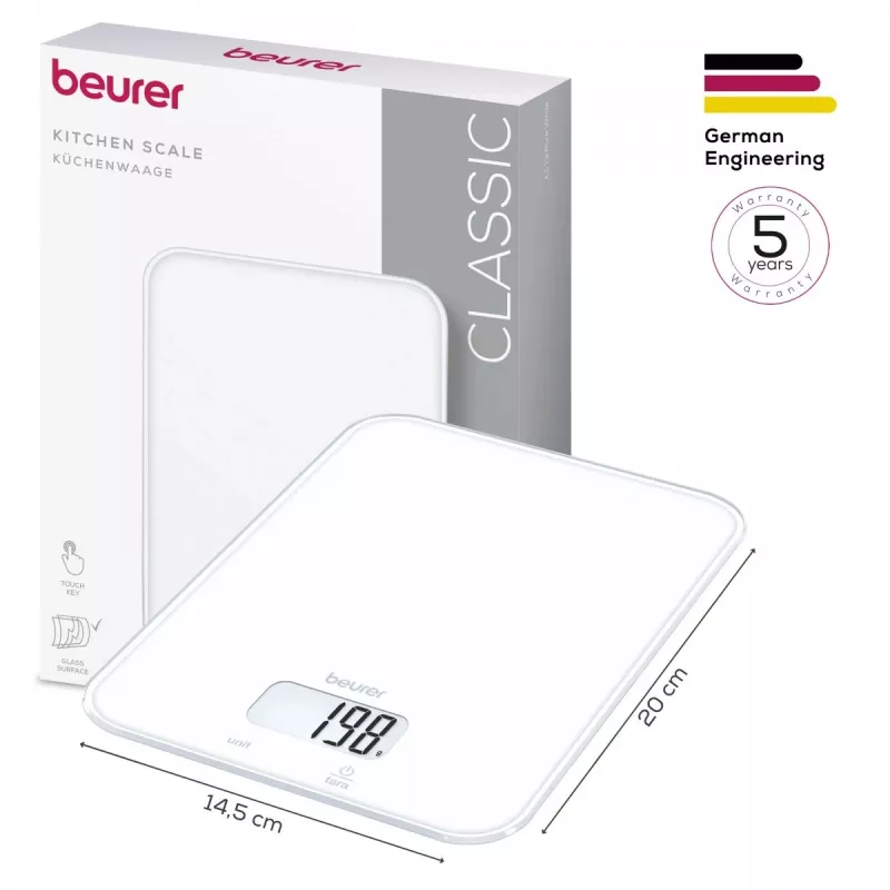 Beurer KS 19 Pure White Báscula de cocina digital con teclas táctiles, capacidad 5 kg, división 1 g, función tara, pantalla LCD