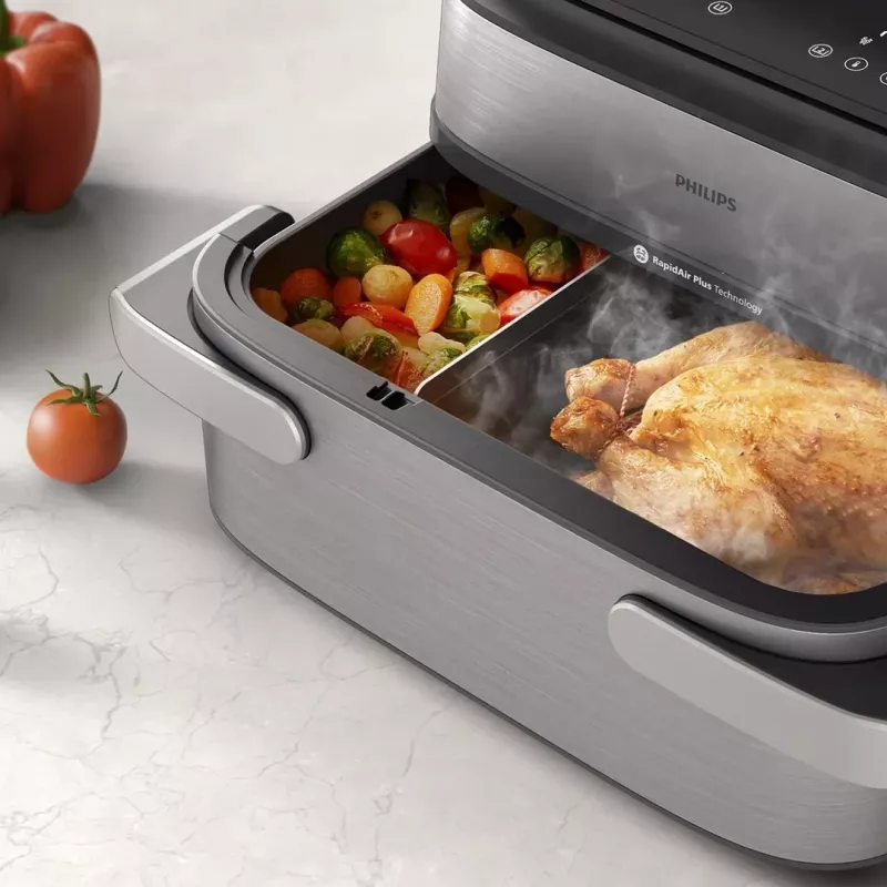 Philips Serie 5000 NA565/02 Freidora de aire de doble cesta 9,5 L 2750 W Negro, Plata, Acero inoxidable