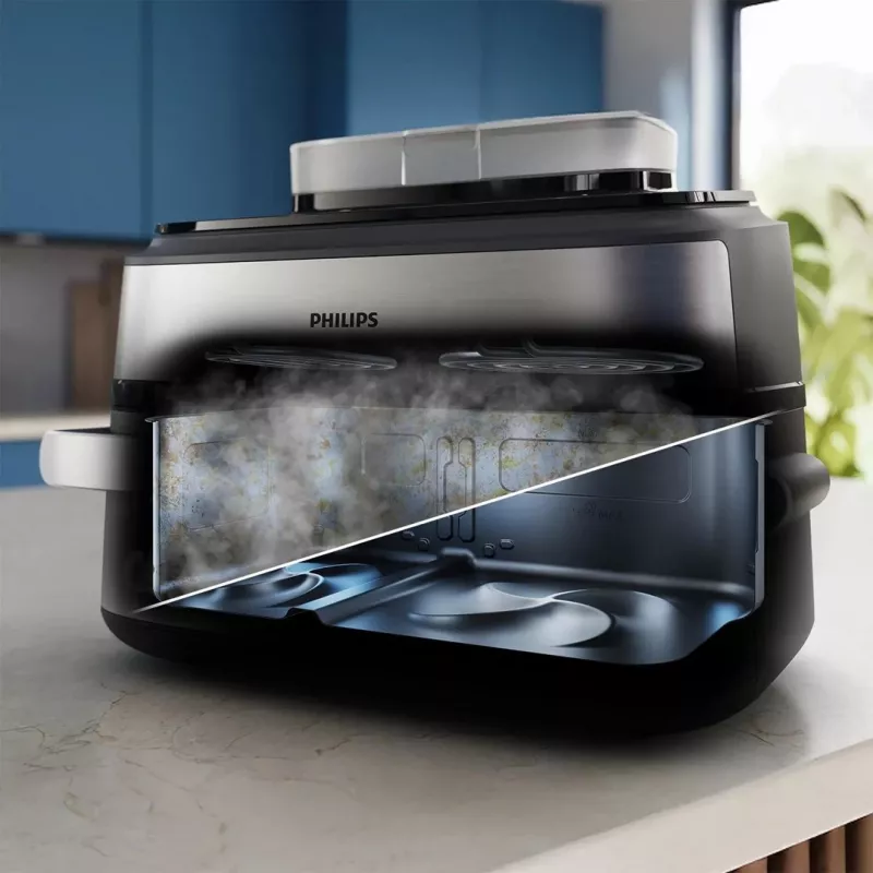 Philips Serie 5000 NA565/02 Freidora de aire de doble cesta 9,5 L 2750 W Negro, Plata, Acero inoxidable