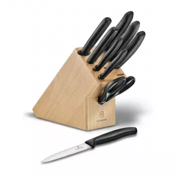 Victorinox Swiss Classic Set de 9 cuchillos con bloque, Madera de haya, Mangos negros