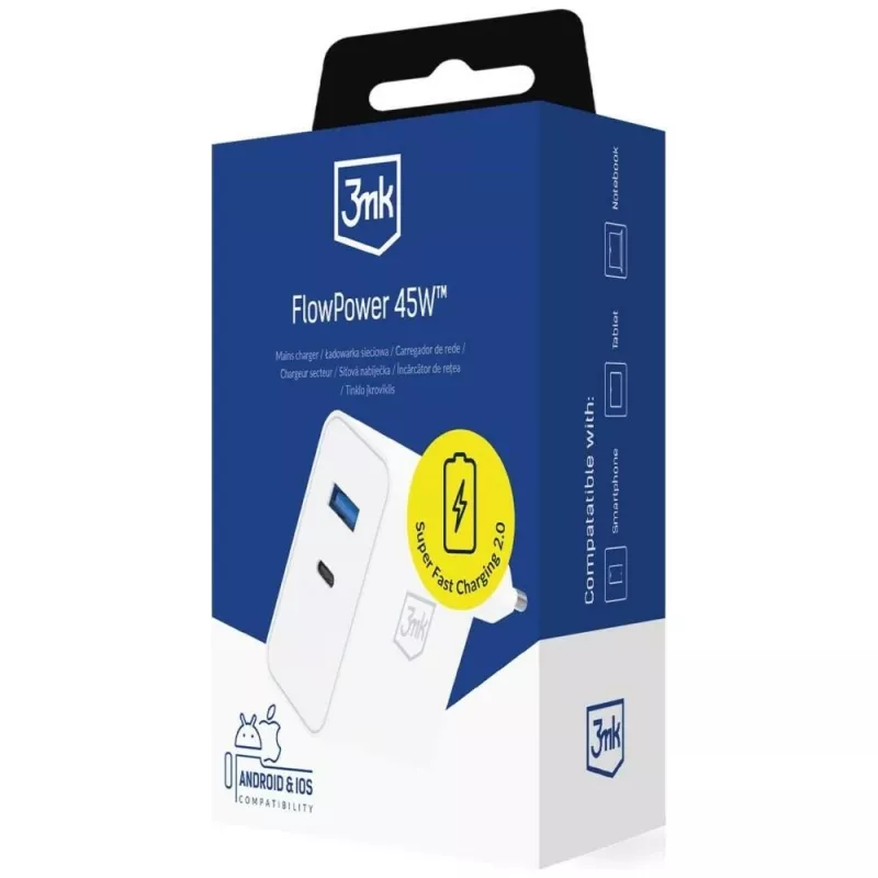 3MK FlowPower 45W PD 3.0 QC4+ cargador GaN blanco