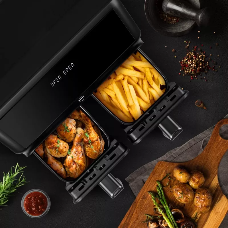ELDOM FR210 DualCrisp freidora de aire doble, 2200 W, capacidad 8 L, pantalla LED, negra