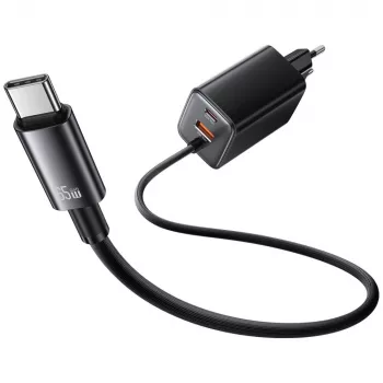 USAMS JC Series CC266 Cargador rápido GaN 65W con cable USB-C integrado, Negro