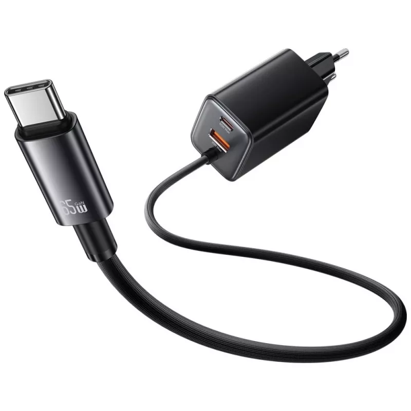 USAMS JC Series CC266 Cargador rápido GaN 65W con cable USB-C integrado, Negro
