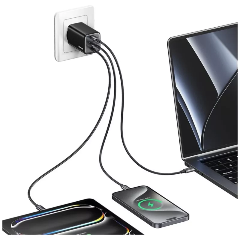 USAMS JC Series CC266 Cargador rápido GaN 65W con cable USB-C integrado, Negro