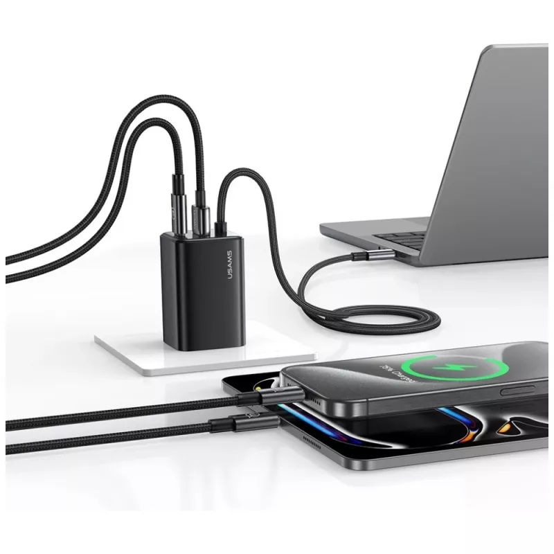 USAMS JC Series CC266 Cargador rápido GaN 65W con cable USB-C integrado, Negro