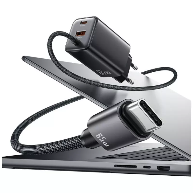 USAMS JC Series CC266 Cargador rápido GaN 65W con cable USB-C integrado, Negro