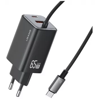 USAMS JC Series CC266 Cargador rápido GaN 65W con cable USB-C integrado, Negro