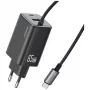 USAMS JC Series CC266 Cargador rápido GaN 65W con cable USB-C integrado, Negro