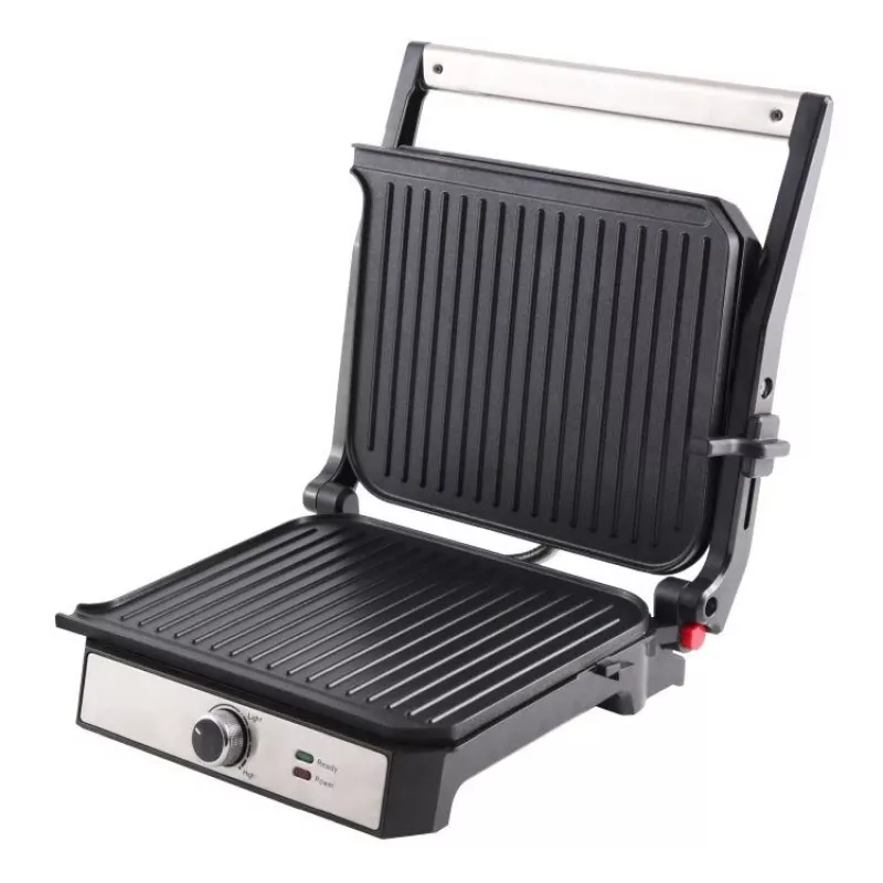 ELDOM GK200 GRILO Grill de contacto 2000W con termostato regulable, placas antiadherentes, Negro/Plata