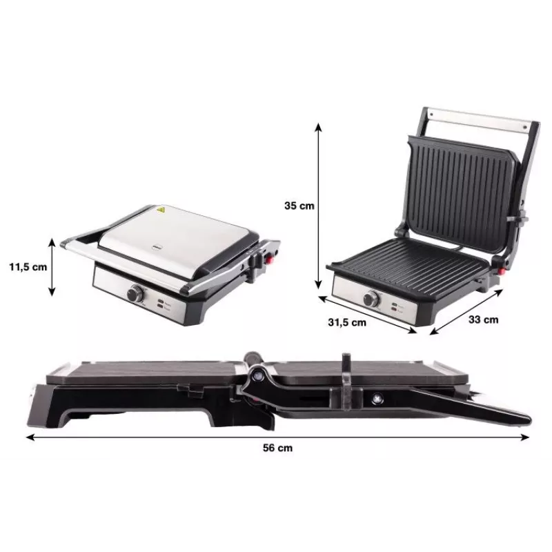ELDOM GK200 GRILO Grill de contacto 2000W con termostato regulable, placas antiadherentes, Negro/Plata