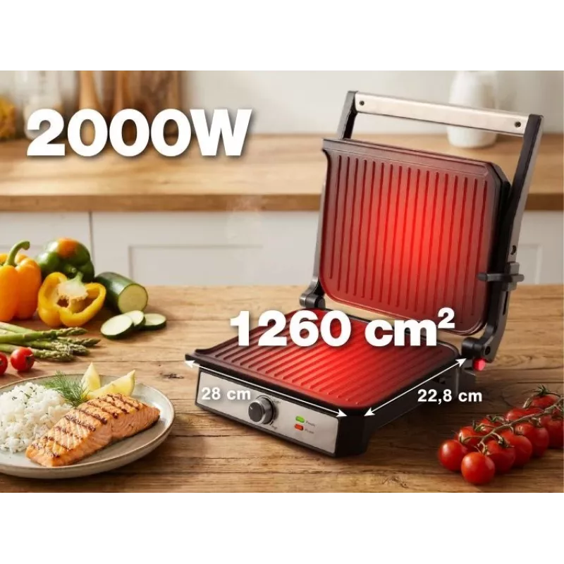 ELDOM GK200 GRILO Grill de contacto 2000W con termostato regulable, placas antiadherentes, Negro/Plata