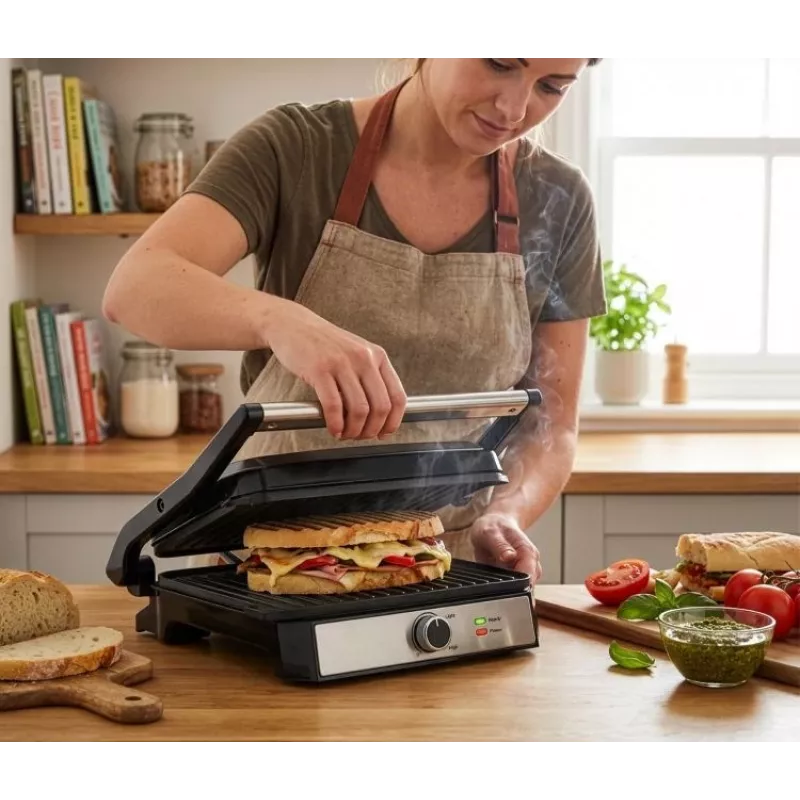ELDOM GK200 GRILO Grill de contacto 2000W con termostato regulable, placas antiadherentes, Negro/Plata