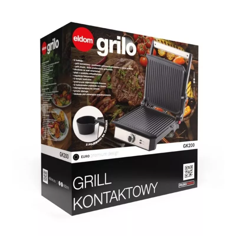 ELDOM GK200 GRILO Grill de contacto 2000W con termostato regulable, placas antiadherentes, Negro/Plata
