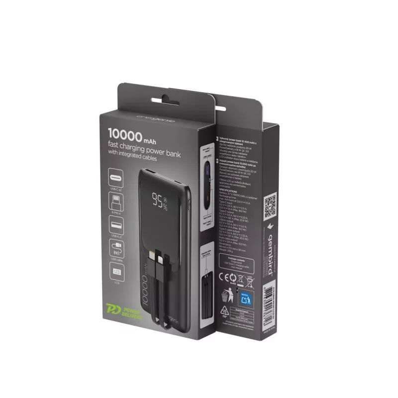 Gembird PB10-PD20-LCD-01 Batería externa con cables integrados, carga rápida 20W, 10000 mAh, Negro