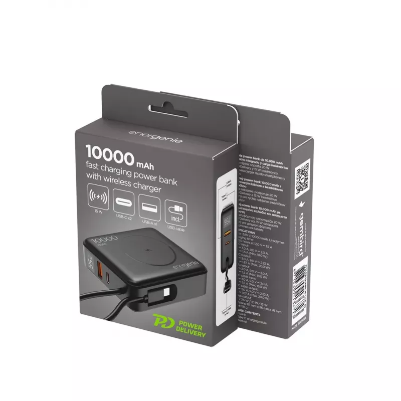 Gembird PB10-WPC15-LCD-01 Batería externa de carga rápida con cargador inalámbrico, 20 W, 10000 mAh, Negro