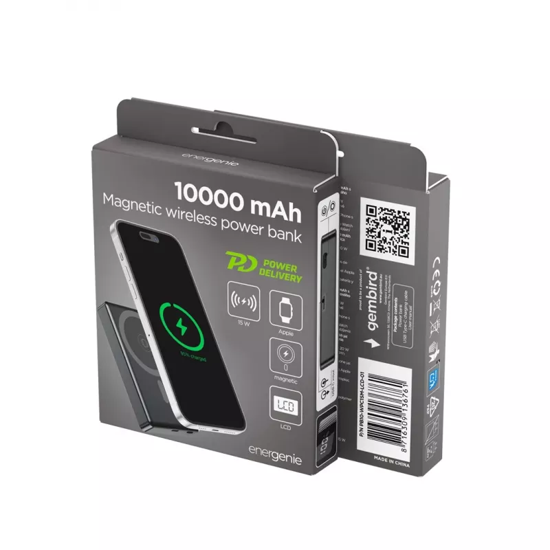 Gembird PB10-WPC15M-LCD-01 Batería externa inalámbrica magnética con LCD, 15W, 10000 mAh, Negro