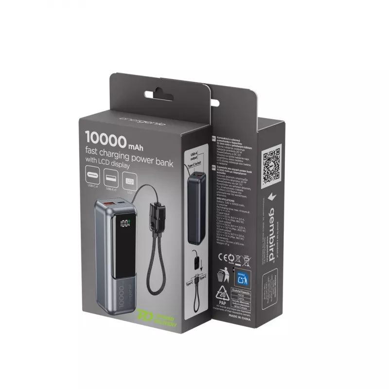 Gembird PB10-PD20-LCD-02 Batería externa compacta de carga rápida con pantalla LCD, 20W, 10000 mAh, Space Grey