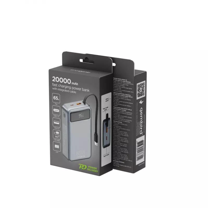 Gembird PB20-PD65-LCD-01 Batería externa de carga rápida con cables integrados, 65W, 20000 mAh, Negro