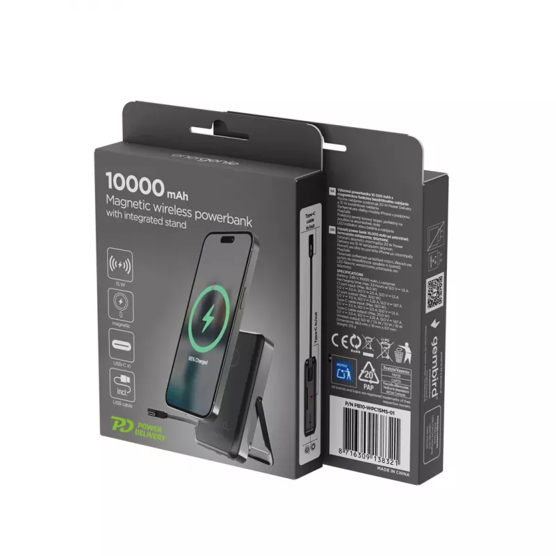 Gembird PB10-WPC15MS-01 Batería externa inalámbrica magnética con soporte integrado, 15W, 10000 mAh, Negro