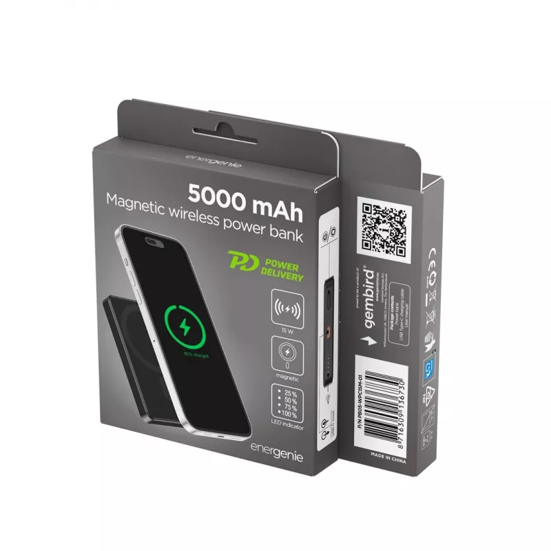 Gembird PB05-WPC15M-01 Batería externa inalámbrica magnética 15W, 5000mAh, negra