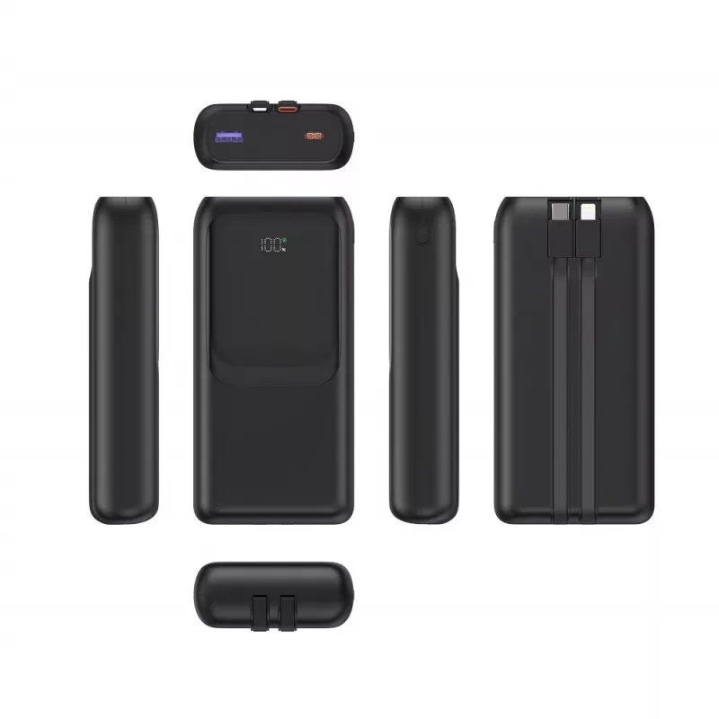 Gembird PB20-PD20-LCD-01 Batería externa de carga rápida con cables integrados, 20 W, 20000 mAh, negra